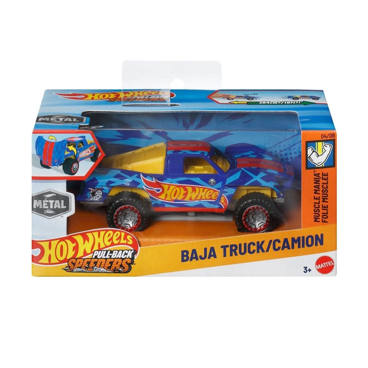 Інерційна автомодель Hot Wheels Pull-Back Speeders Baja Truck/Camion, синьо-жовтий, від 3 років, 8*16*8 см (HPR70)